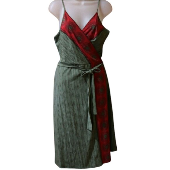 BCBGMaxAzria Red and Green Y2K Boho Hippie Wrap Sundress LG - Picture 1 of 13